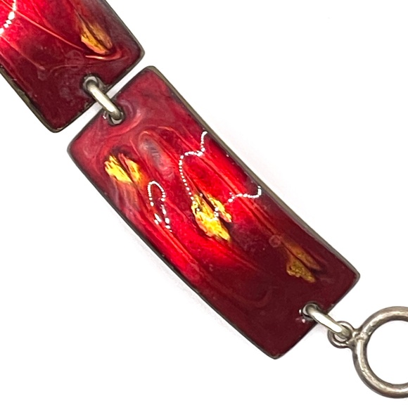 Marco Signed Vintage Copper Ruby Red Enamel Rectangle Link Bracelet 7" - Picture 6 of 12